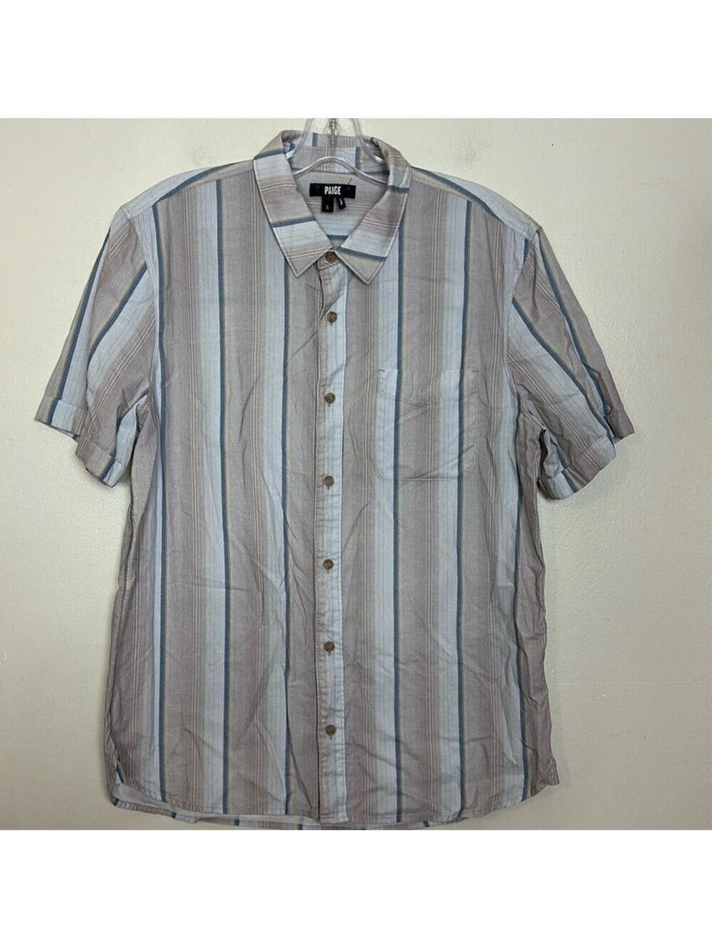 PAIGE Striped Cotton Relaxed Fit Short Sleeve Button Up Shirt